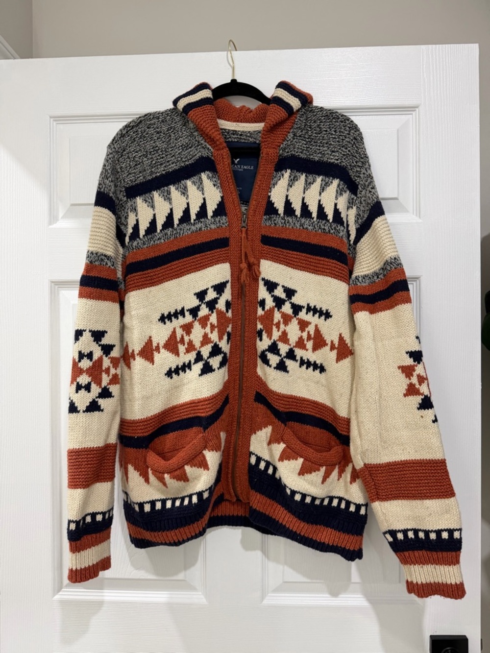 American Eagle Men's Patterned Hooded Zip Sweater Jacket - Rust and Cream
